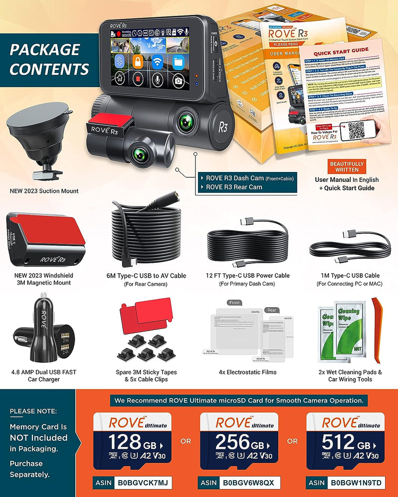 ROVE R3 Dash Cam Front and Rear with Cabin