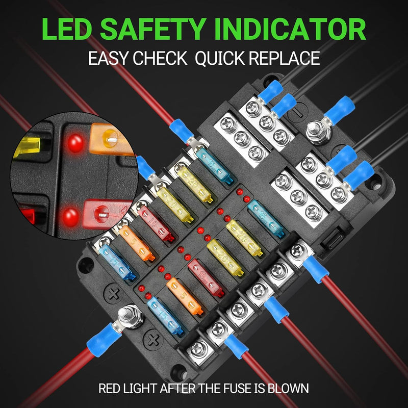 12V Fuse Block 12 Circuit Fuse Box Kit with Damp-Proof Fuse Panel Led Warning Indicator for Marine Automotive Motorcycle RV Truck DC 12-24V(24Pcs Fuses and Terminals Included)
