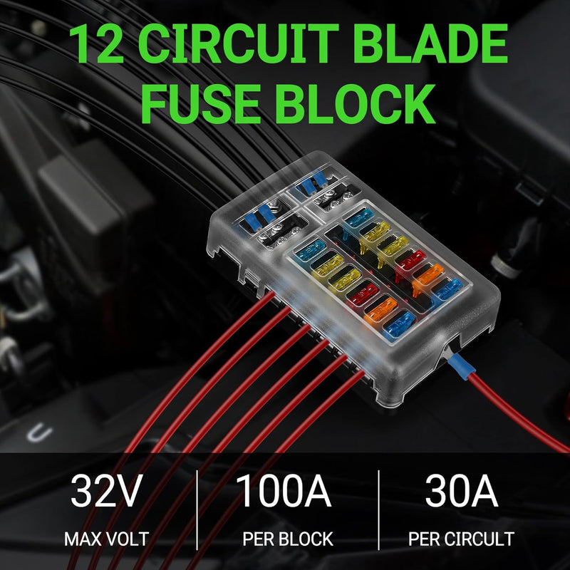 12V Fuse Block 12 Circuit Fuse Box Kit with Damp-Proof Fuse Panel Led Warning Indicator for Marine Automotive Motorcycle RV Truck DC 12-24V(24Pcs Fuses and Terminals Included)